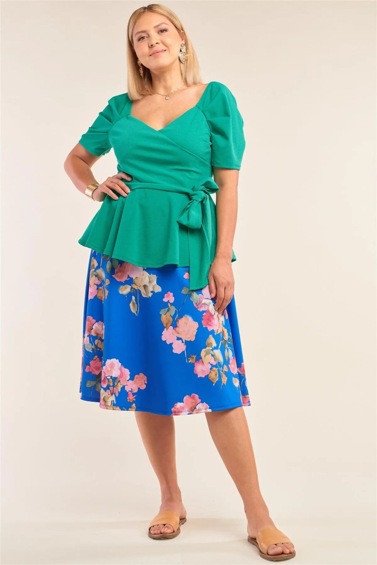 Junior Plus Size Green V-Neck Mini Puff Sleeve Pleated Wrap Self-Tie Waist Flared Hem Top - Tasha Apparel Wholesale