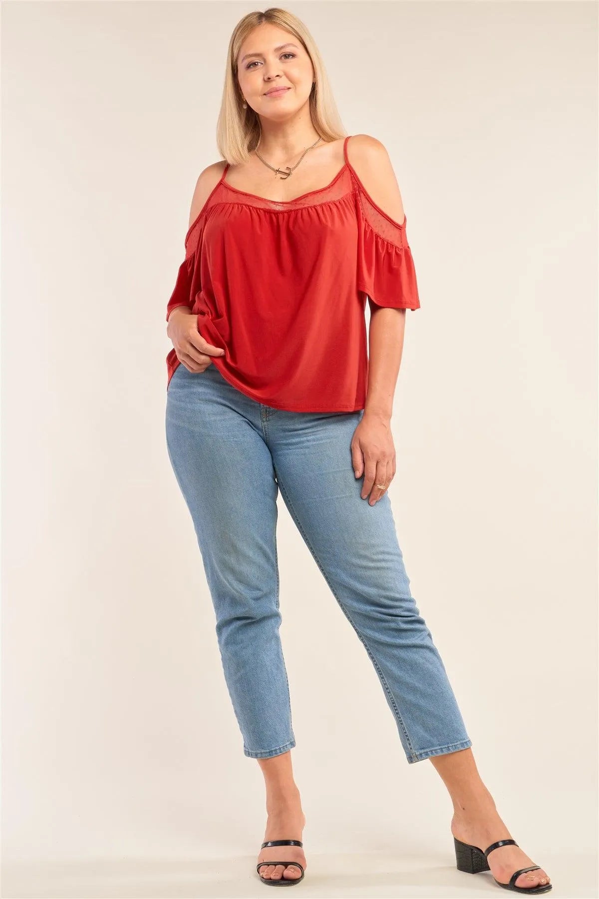 Junior Plus Size Red Relaxed Fit Off-The-Shoulder Polka Dot Mesh Hem Babydoll Top /2-2-2 - Tasha Apparel Wholesale