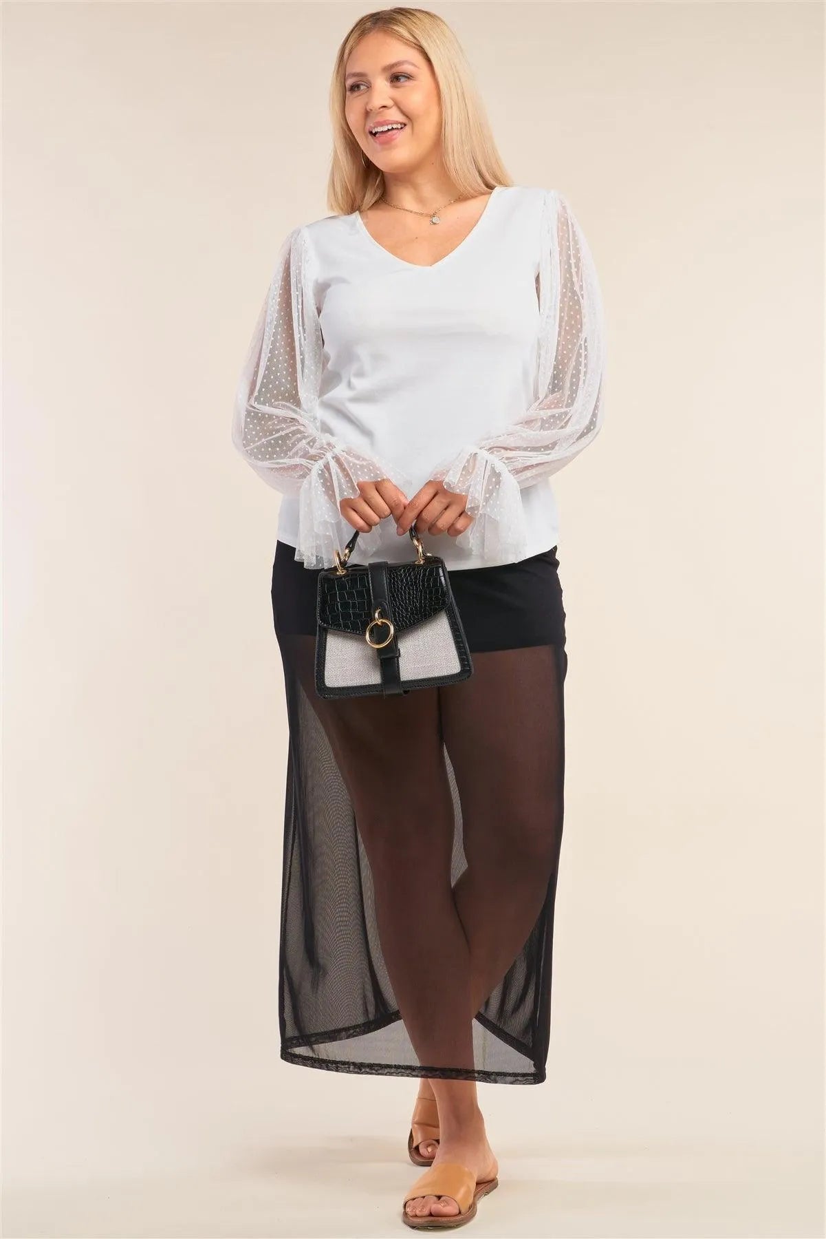 Junior Plus Size White Relaxed Fit Deep Plunge V-Neck Long Polka Dot Mesh Balloon Sleeve Top /2-2-2 - Tasha Apparel Wholesale