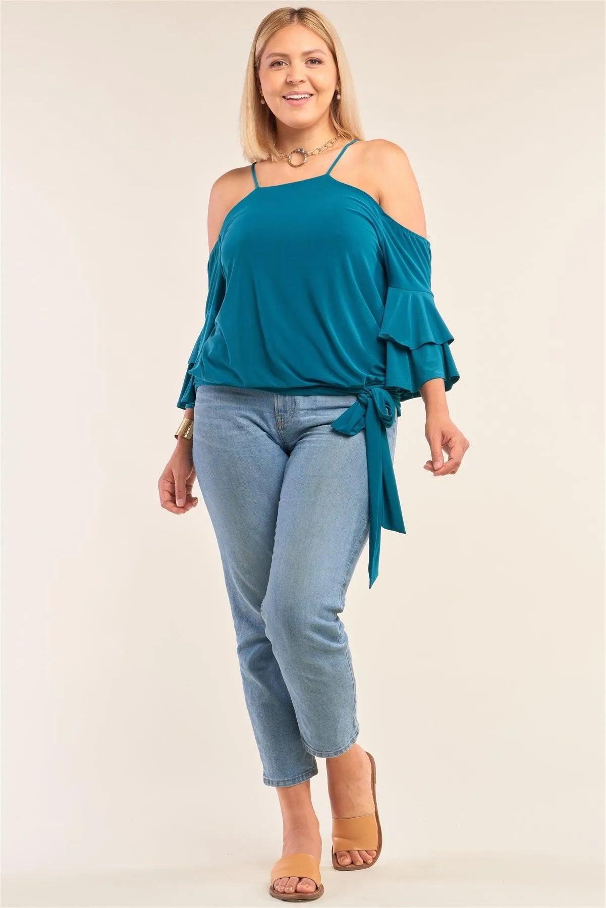 Junior Plus Size Teal Sleeveless Off-The-Shoulder Layered Angel Sleeve Self-Tie Hem Top /2-2-2 - Tasha Apparel Wholesale