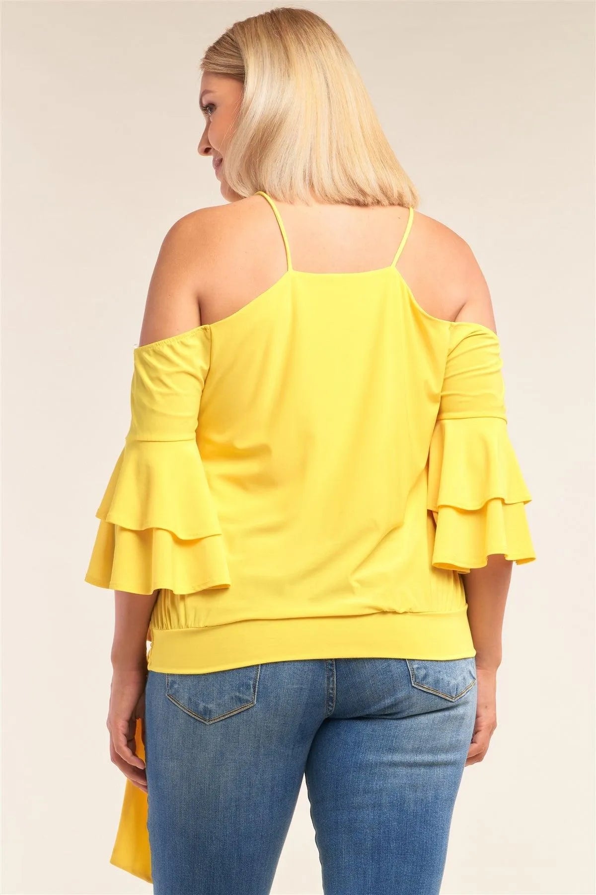 Junior Plus Size Yellow Sleeveless Off-The-Shoulder Layered Angel Sleeve Self-Tie Hem Top - Tasha Apparel Wholesale