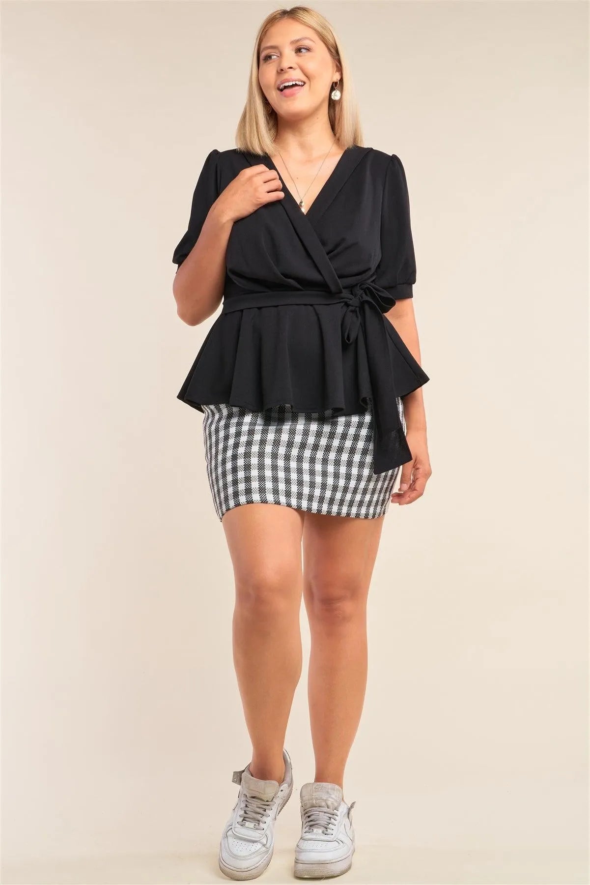 Plus Size Black Puff Sleeve Pleated Wrap Top - Tasha Apparel Wholesale