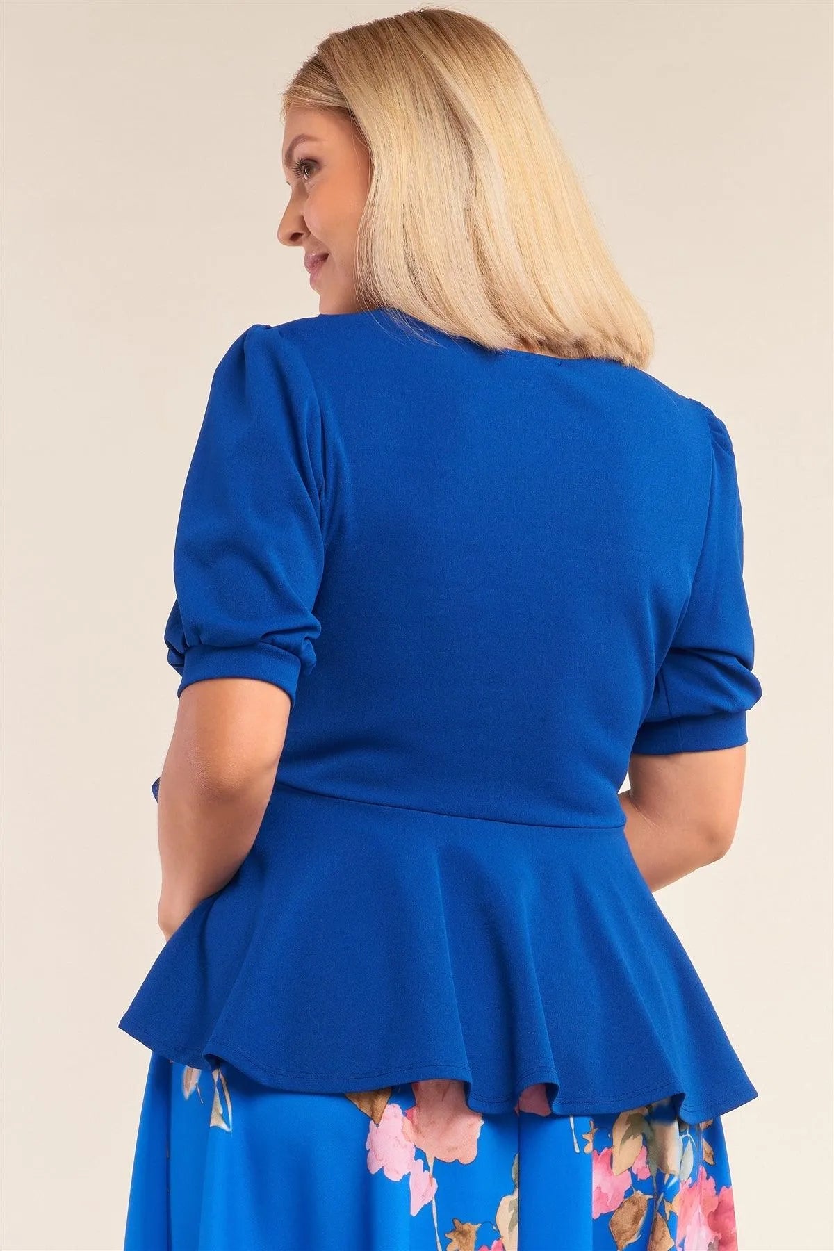 Plus Size Blue Puff Sleeve Pleated Wrap Top - Tasha Apparel Wholesale