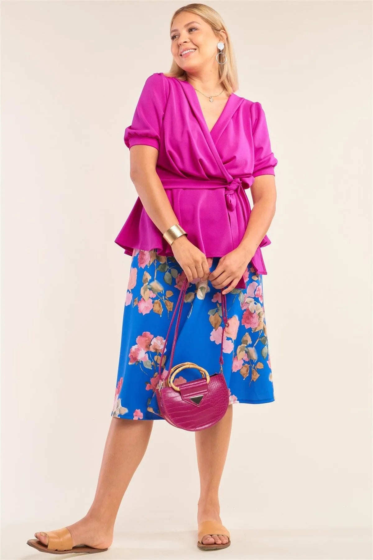 Plus Size Fuchsia Puff Sleeve Pleated Wrap Top /2-2-2 - Tasha Apparel Wholesale