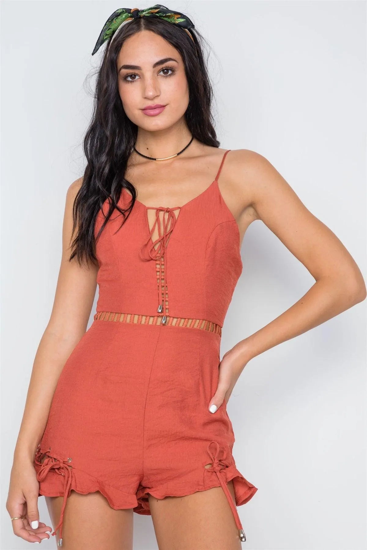 Rust Crochet Trim Lace Up Ruffle Cami Romper /2-2-1 - Tasha Apparel Wholesale