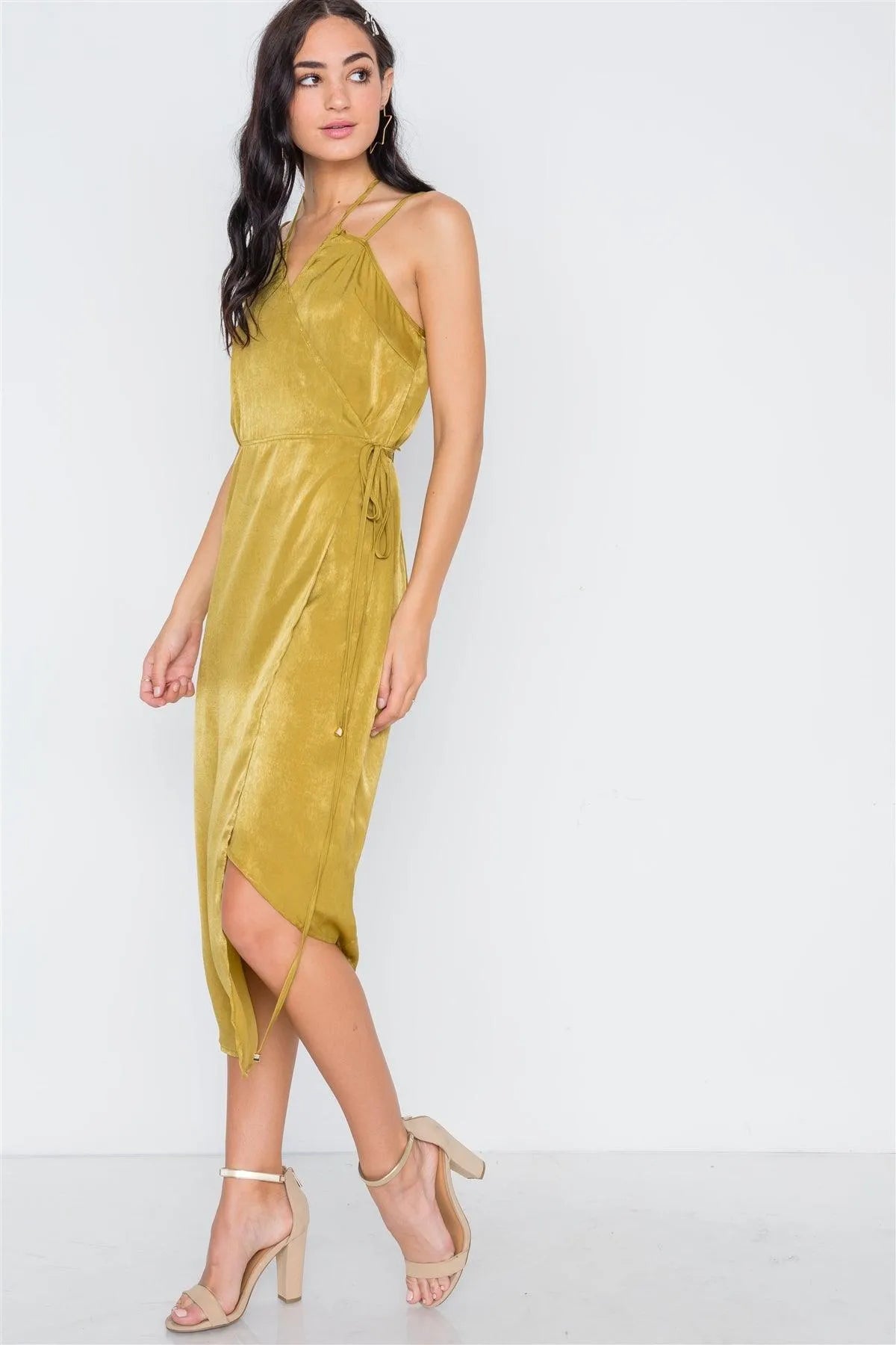 Mustard Asymmetrical Hem Cami Wrap Dress /1-3-2-1 - Tasha Apparel Wholesale