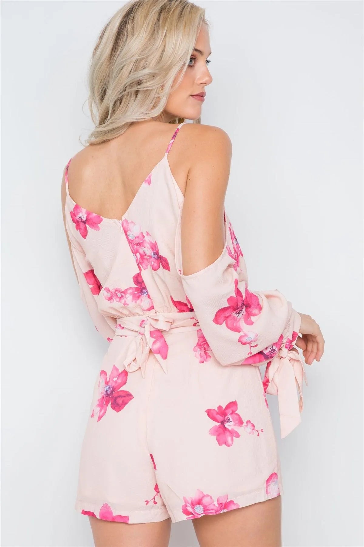 Mocha Pink Floral Print Colds Shoulder Long Sleeve Romper /2-2-1 - Tasha Apparel Wholesale