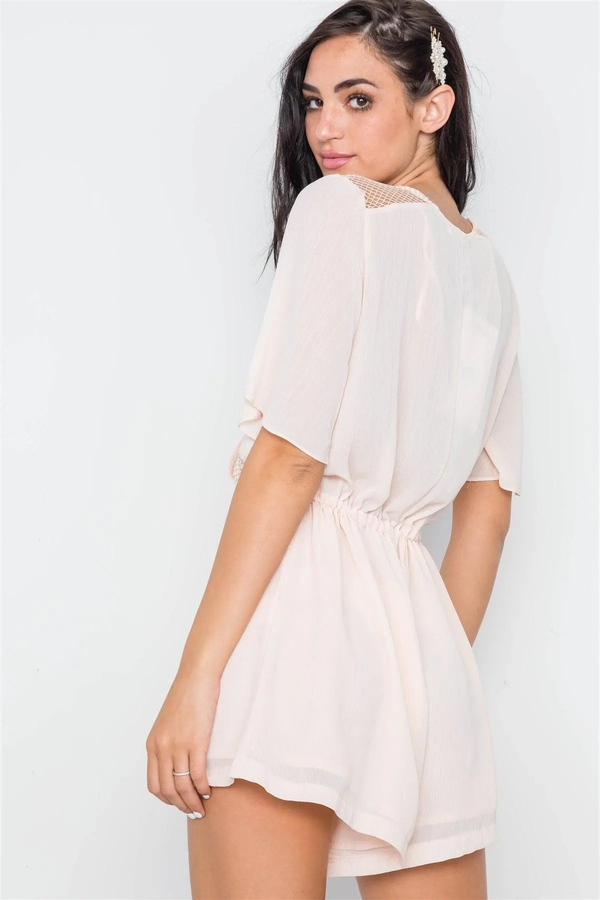 Beige Surplice Net Neckline Short Sleeve Romper /1-2-2-1 - Tasha Apparel Wholesale