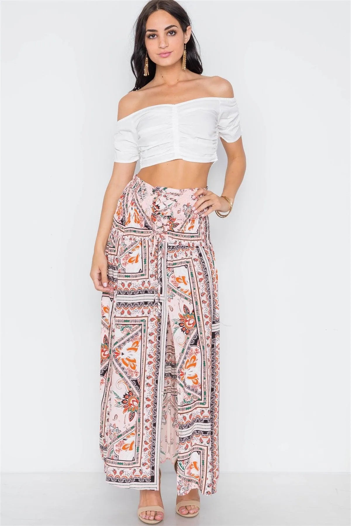 Pink Multi Print Smocked Waist Front Slit Maxi Skirt /1-3-2-1 - Tasha Apparel Wholesale