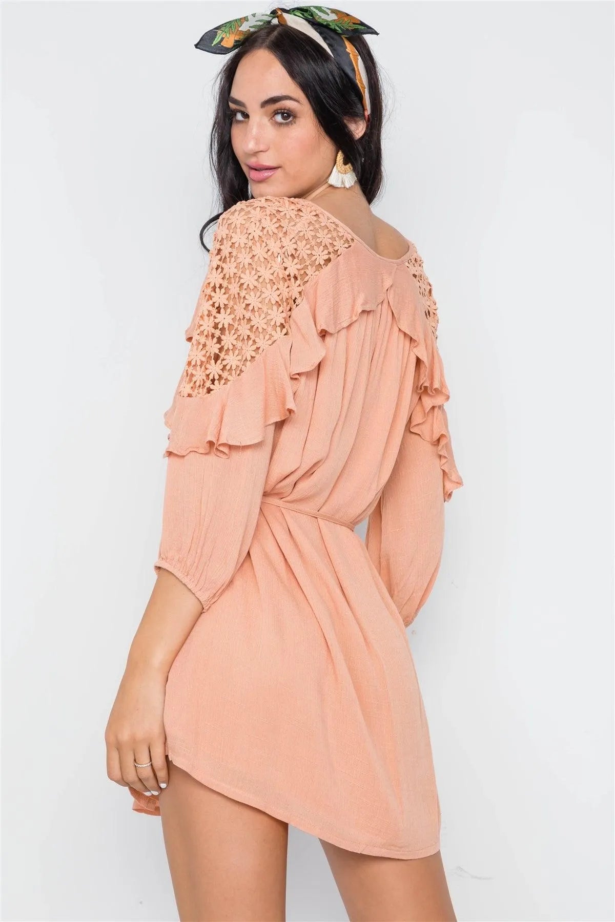 Rose Peach Floral Crochet Shoulder 3/4 Sleeve Mini Dress /1-2-2-1 - Tasha Apparel Wholesale