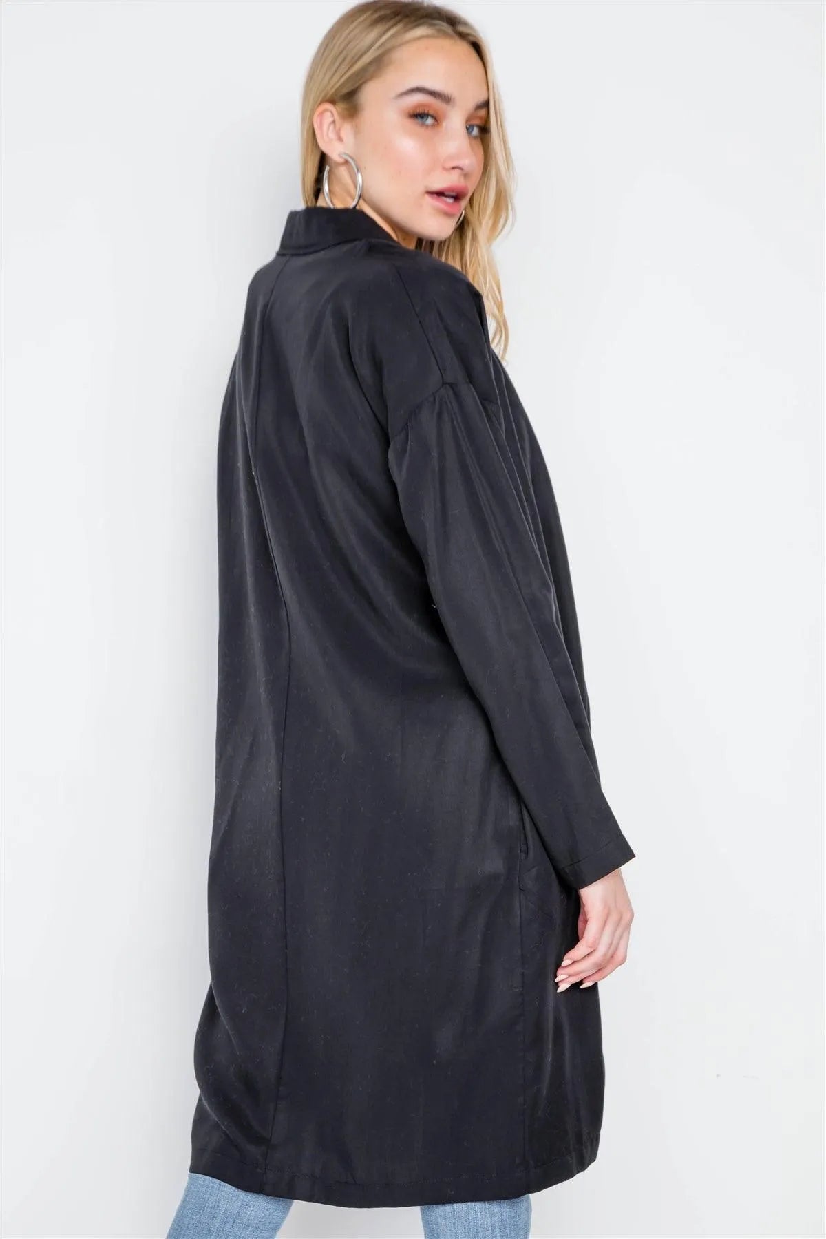 Black Solid Long Sleeve Tencel Coat - Tasha Apparel Wholesale