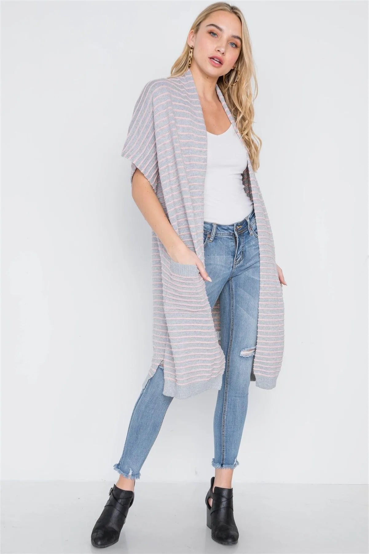 Heather Grey-Blush Knit Stripe Cardigan Vest /3-2-1 - Tasha Apparel Wholesale