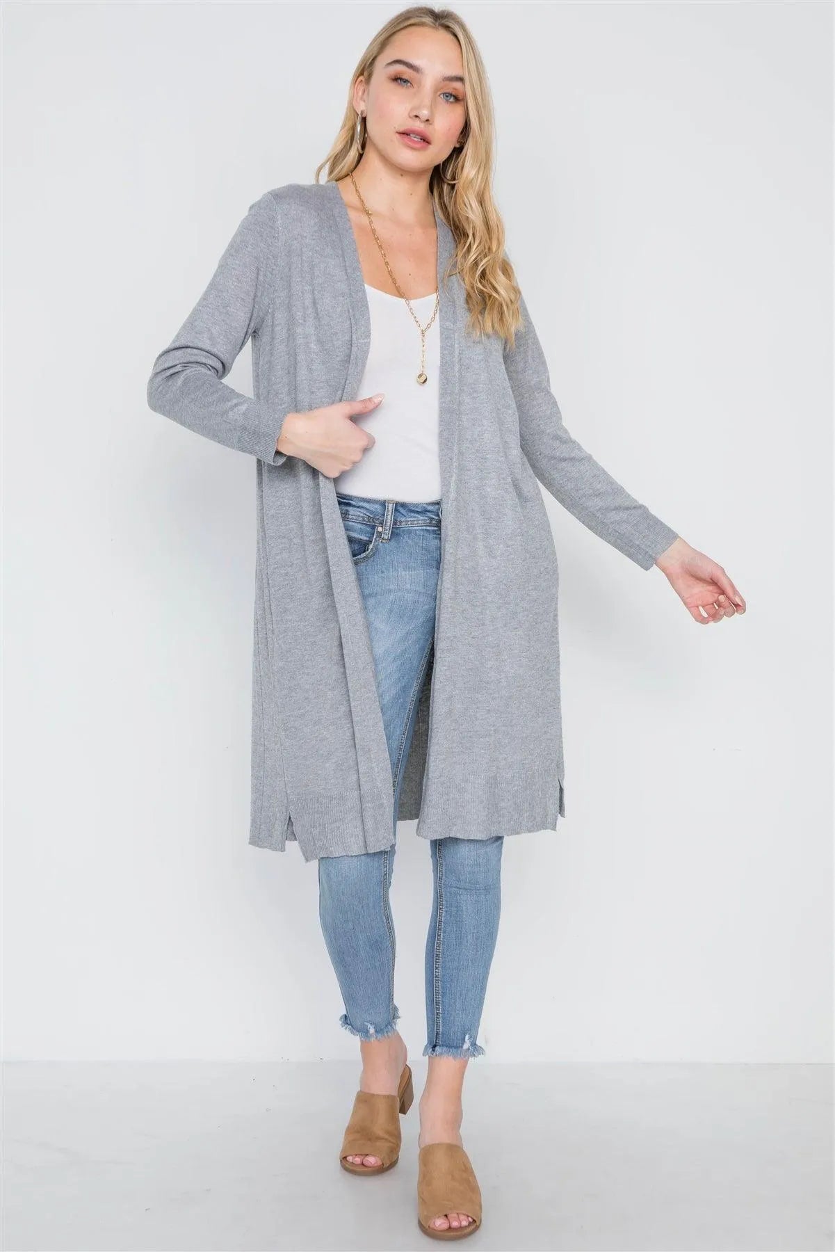 Heather Grey Open Front Pleated Back Cardigan /1-2-3 - Tasha Apparel Wholesale