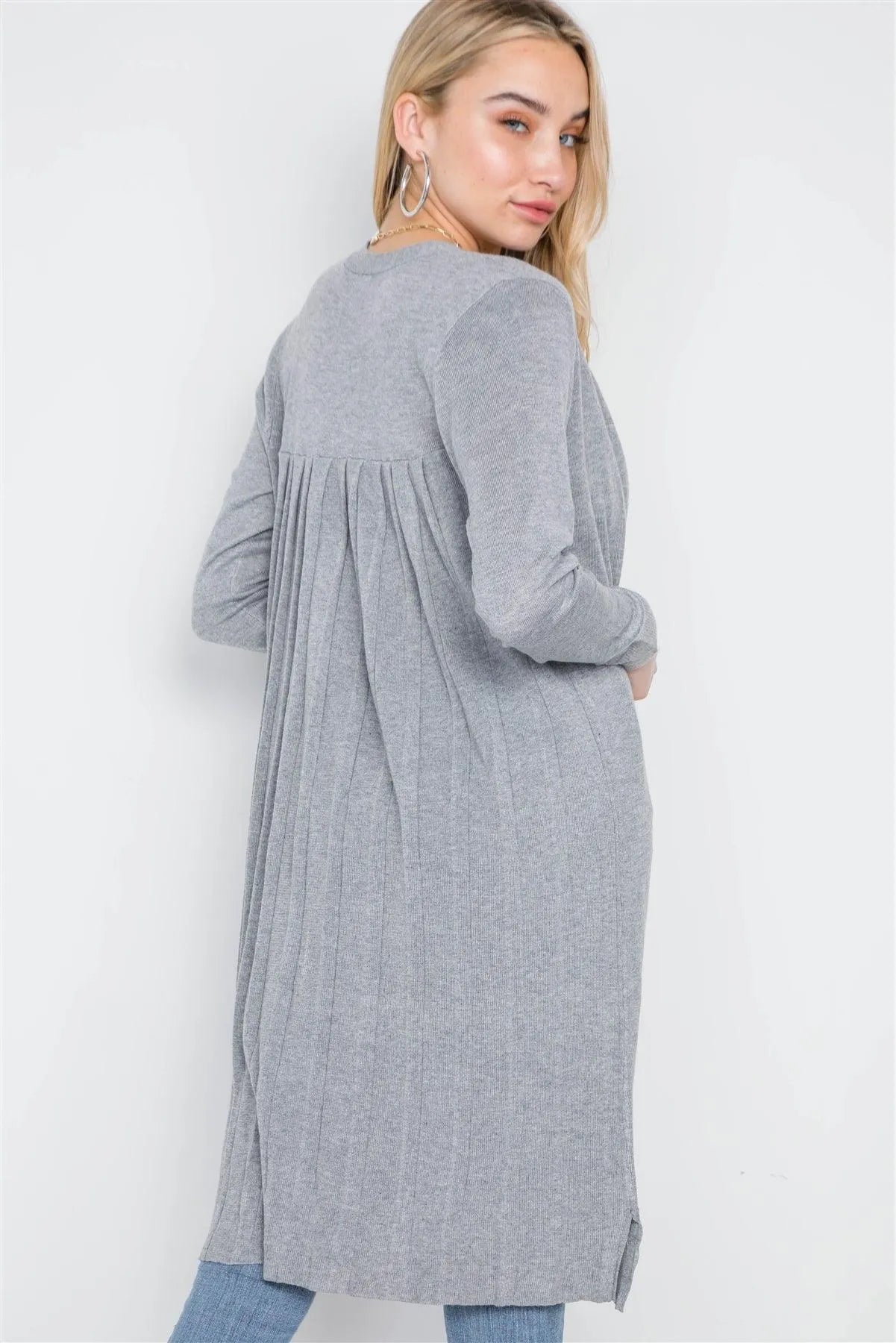 Heather Grey Open Front Pleated Back Cardigan /2-2-2 - Tasha Apparel Wholesale