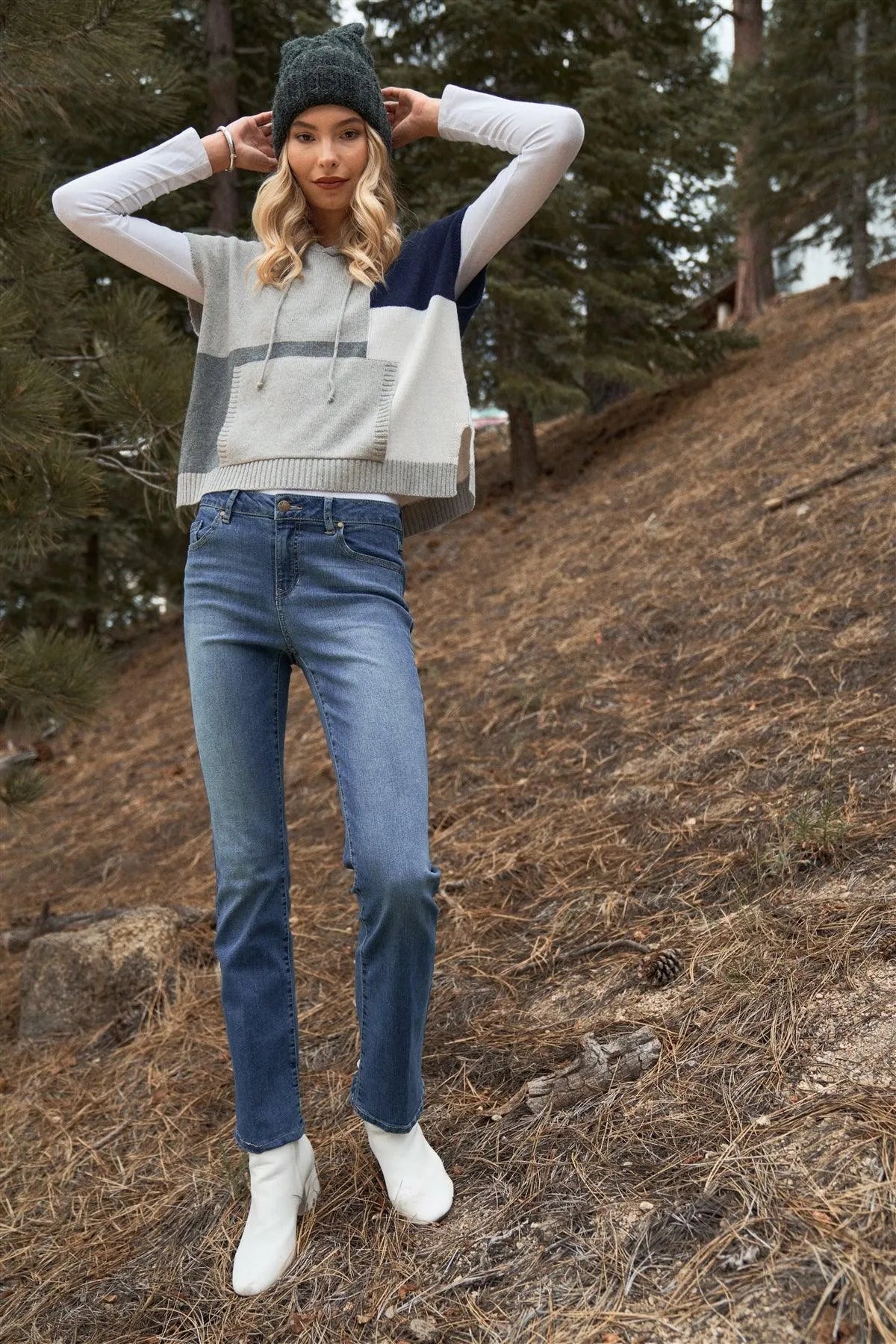 Grey Color Block Sleeveless Knitted Boxy Kangaroo Pocket Detail Hooded Vest /3-2-1 - Tasha Apparel Wholesale