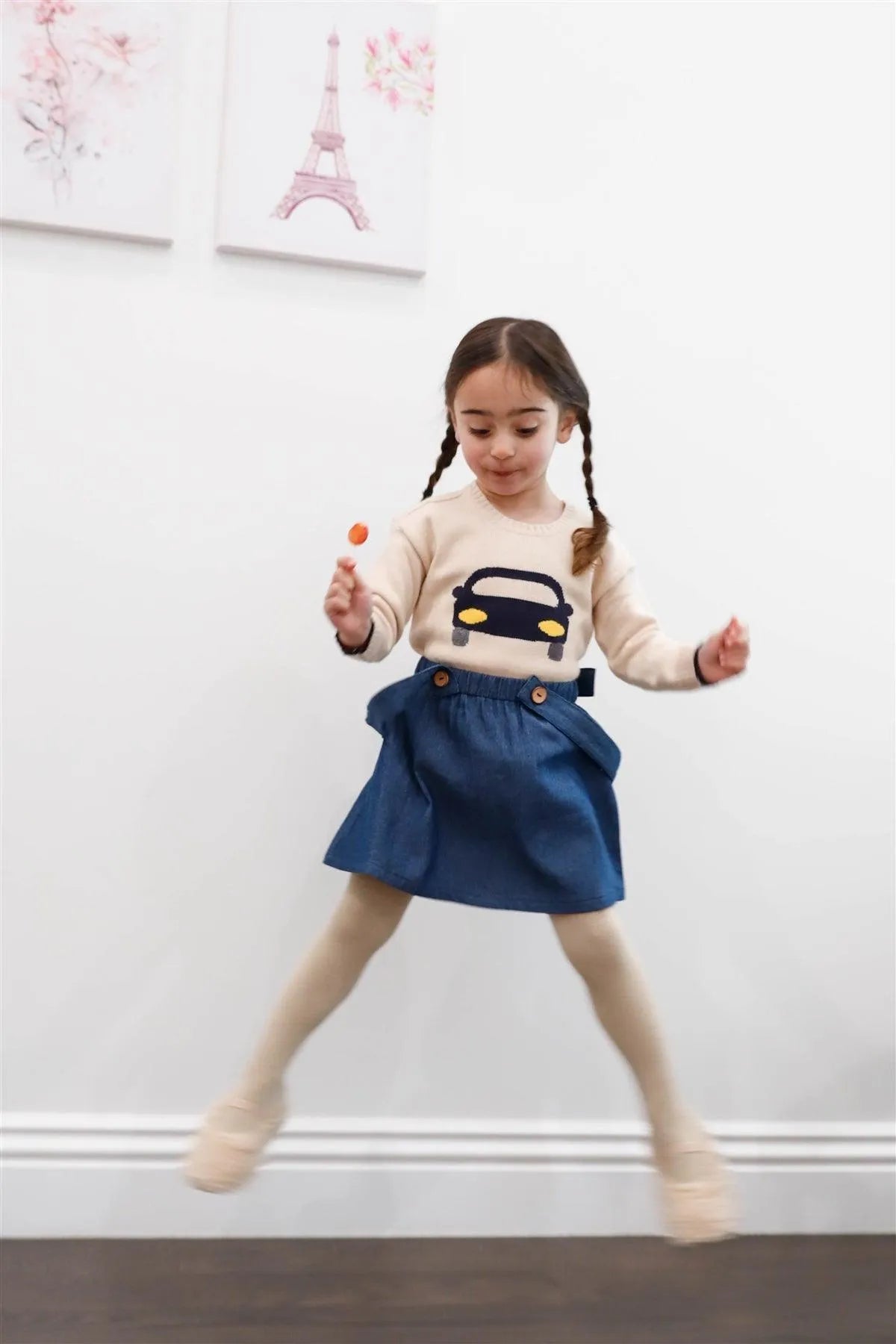 Toddler Girls Taupe Knit Contrast Front Car Print Sweater /2-4 - Tasha Apparel Wholesale