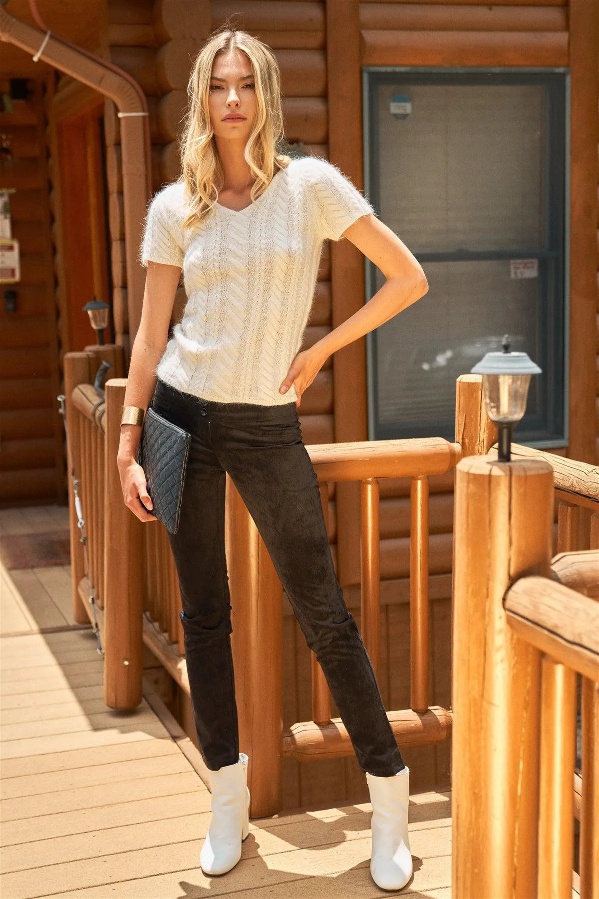 Ivory Short Sleeve Cable Knit V-Neck Fitted Sweater Top - Tasha Apparel Wholesale