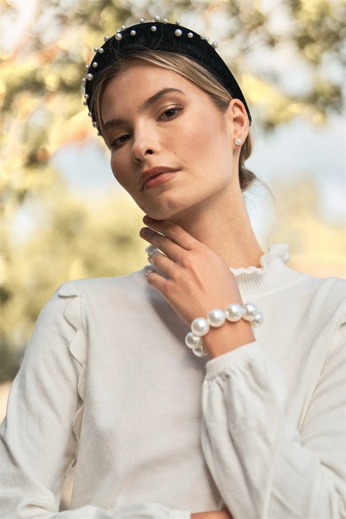 Ivory Scallop Shoulder Detail High Ruffle Neck Long Balloon Sleeve Knit Top /3-2-1 - Tasha Apparel Wholesale