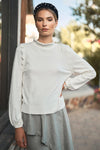 Ivory Scallop Shoulder Detail High Ruffle Neck Long Balloon Sleeve Knit Top
