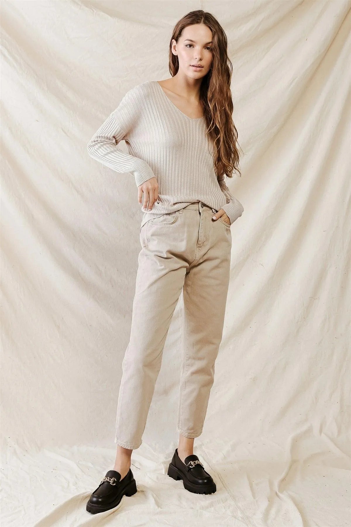 Ivory Viscose Material Ribbed V-Neck Long Sleeve Top /3-2-1 - Tasha Apparel Wholesale