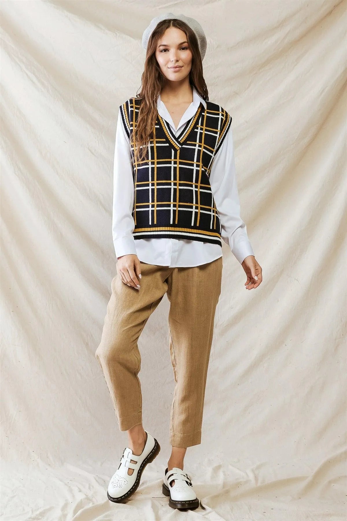 Navy White & Yellow Plaid Knit Sleeveless Vest /1-2-1 - Tasha Apparel Wholesale