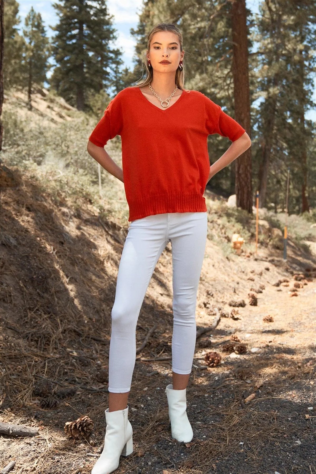 Bright Red V-Neck Short Sleeve Loose Fit Rib Hem Knit Top /1-2-2-1-1 - Tasha Apparel Wholesale