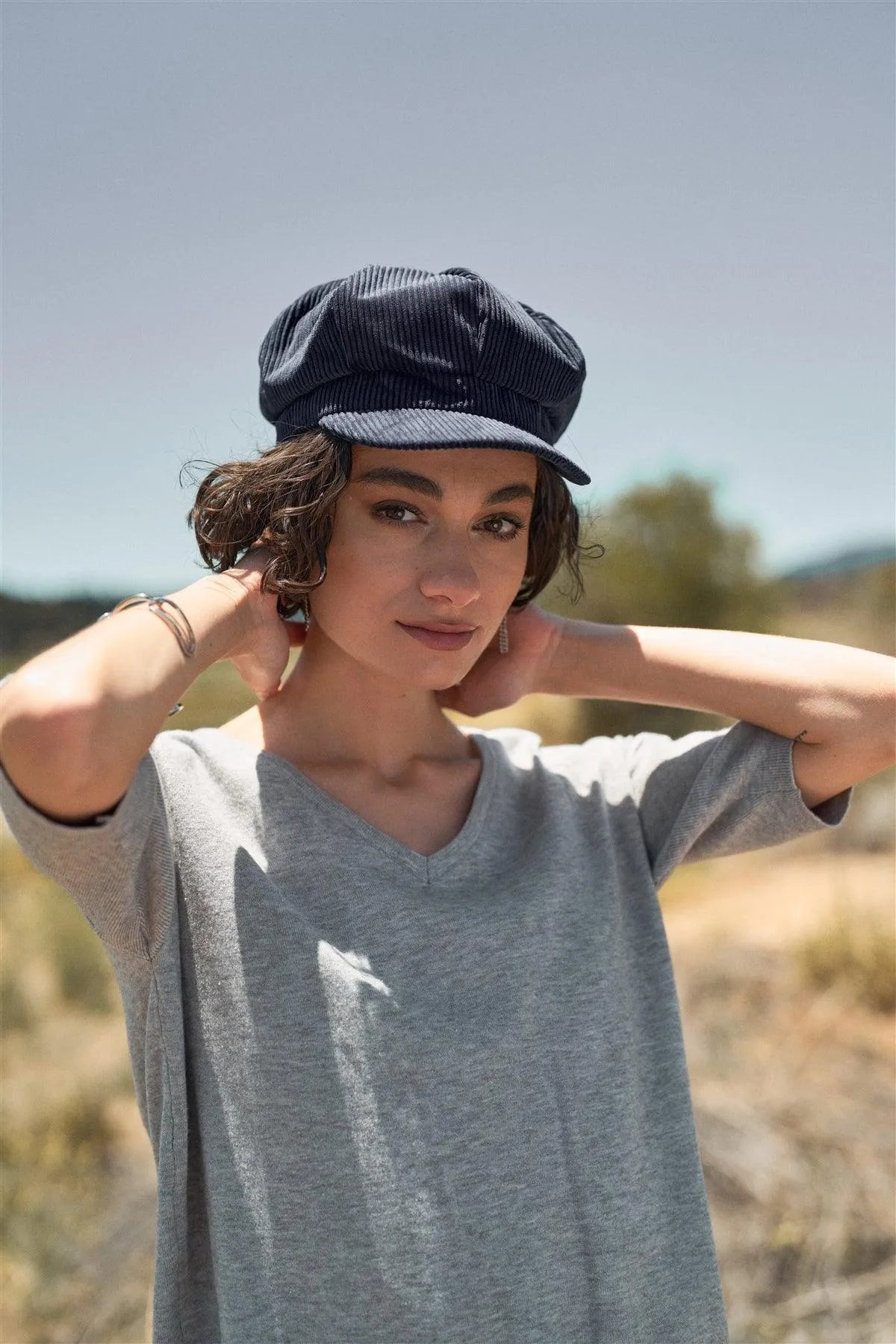 Grey V-Neck Short Sleeve Loose Fit Rib Hem Knit Top /2-2-1-1 - Tasha Apparel Wholesale