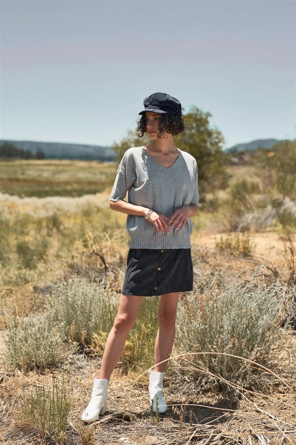 Grey V-Neck Short Sleeve Loose Fit Rib Hem Knit Top /1-2-2-1-1 - Tasha Apparel Wholesale