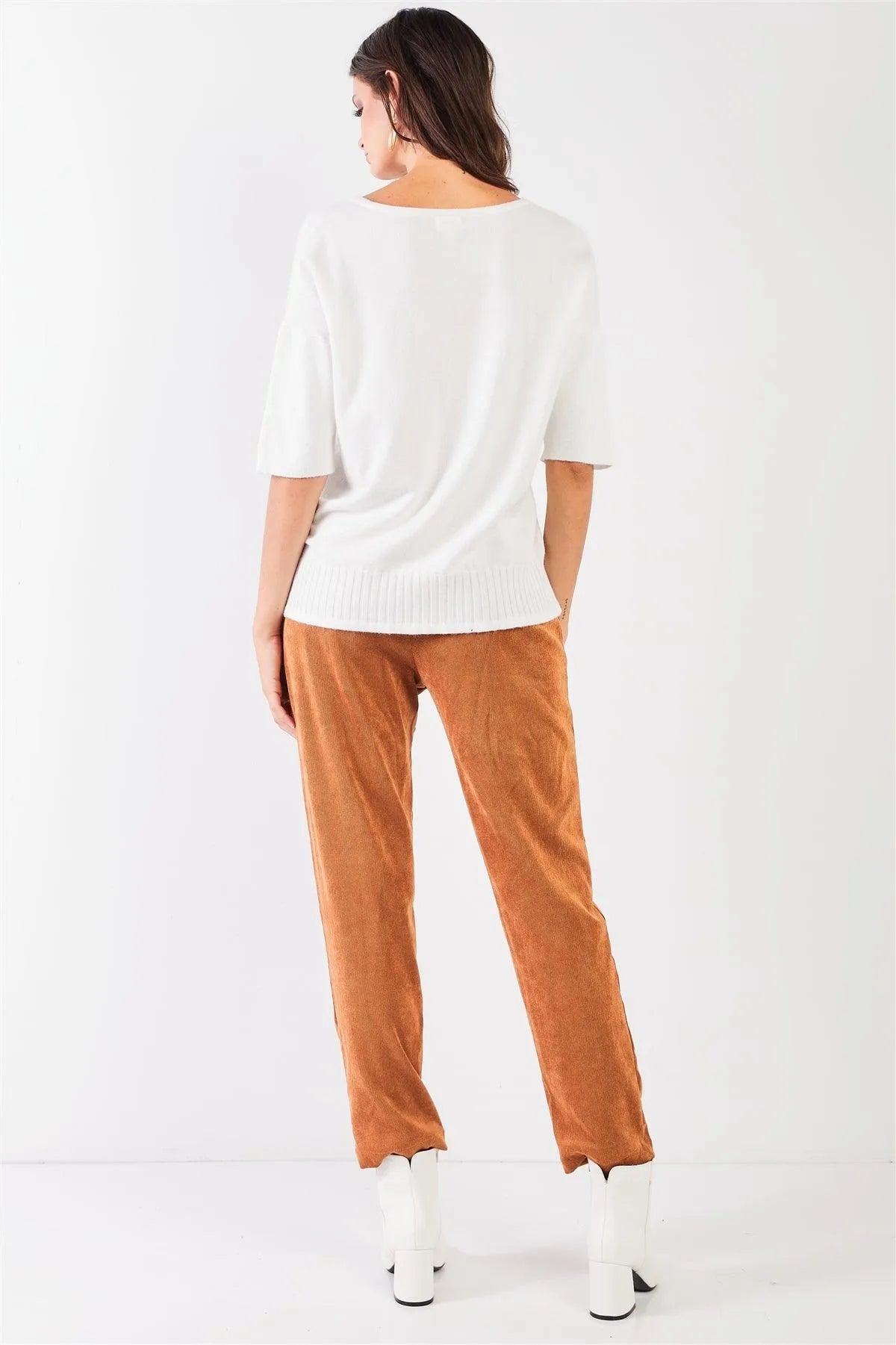 V-Neck Short Sleeve Loose Fit Rib Hem Knit Top - Tasha Apparel Wholesale