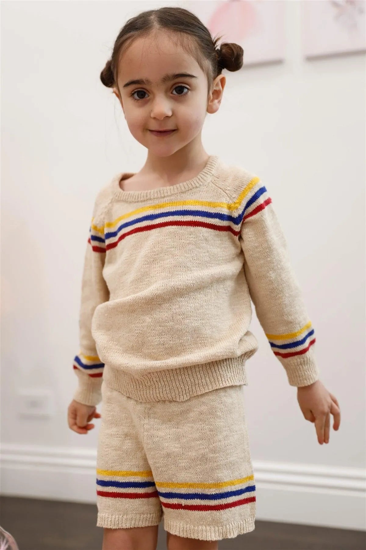 Little Toddler Girls Oatmeal Cotton Knit Multi Color Stripe Sweater & Short Set - Tasha Apparel Wholesale
