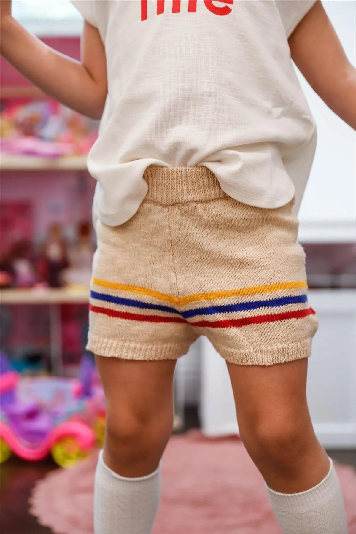 Little Toddler Girls Oatmeal Cotton Knit Multi Color Stripe Shorts - Tasha Apparel Wholesale