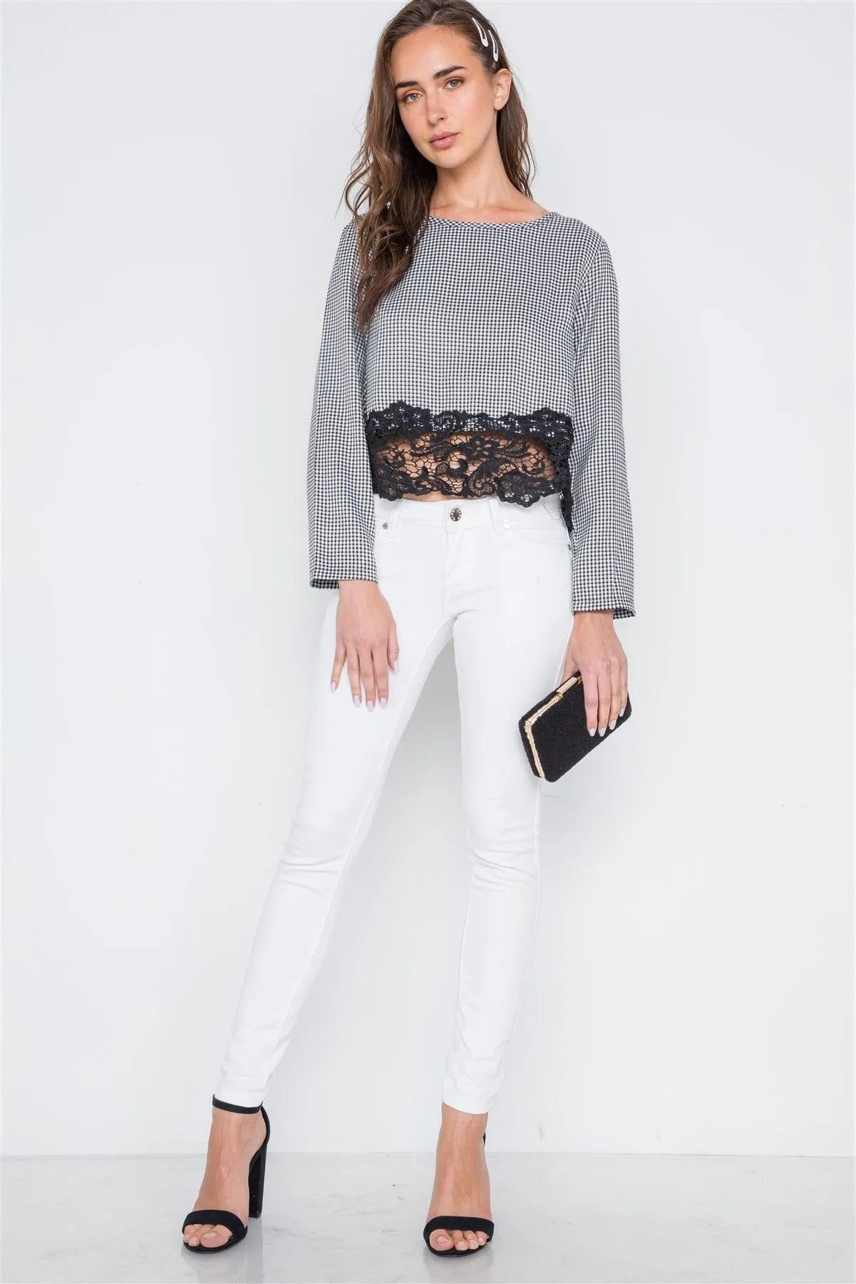 Black White Gingham Long Sleeve Crochet Hem Top /2-2-2 - Tasha Apparel Wholesale