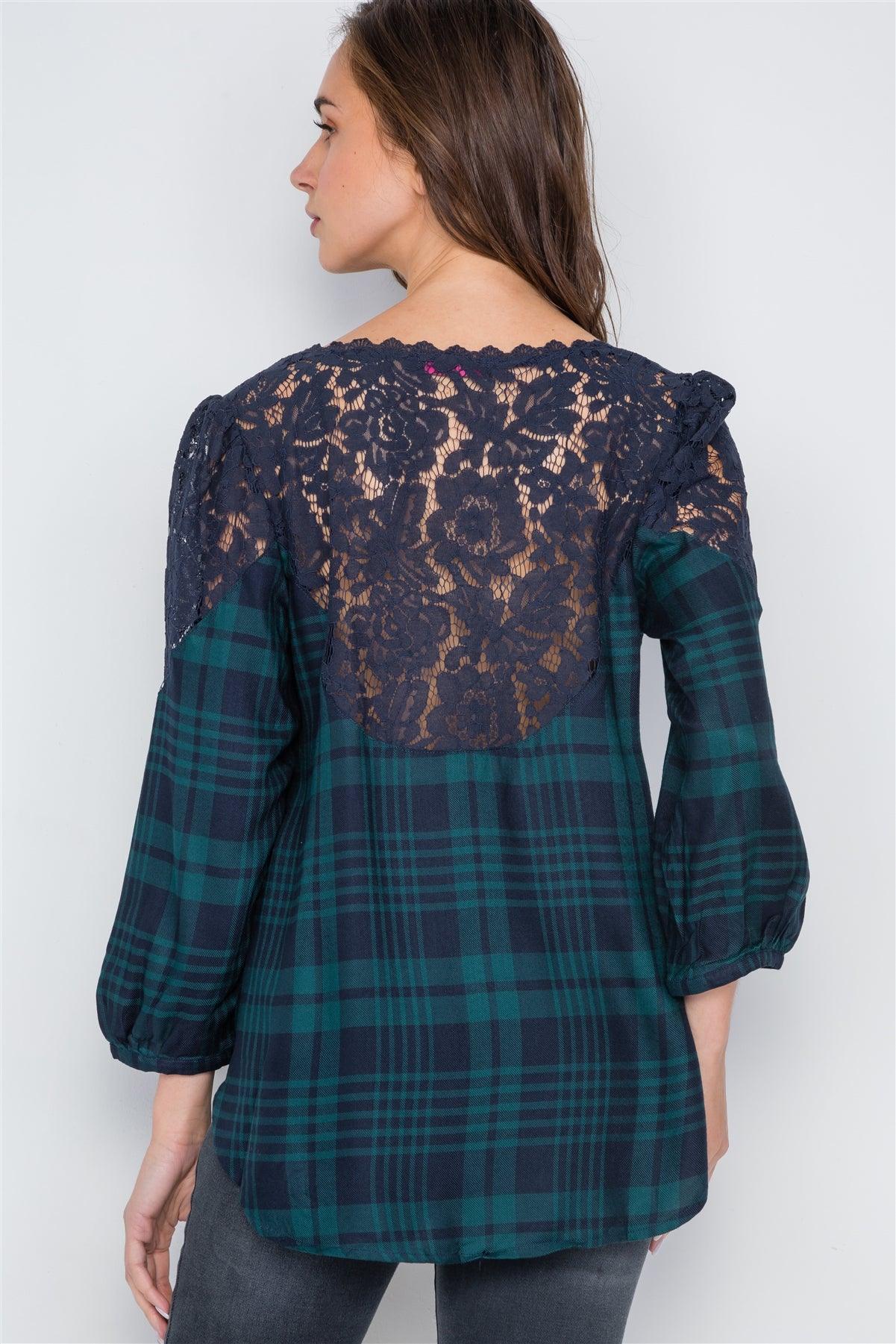 Multi Green Plaid Combo Lace 3/4 Sleeve Top