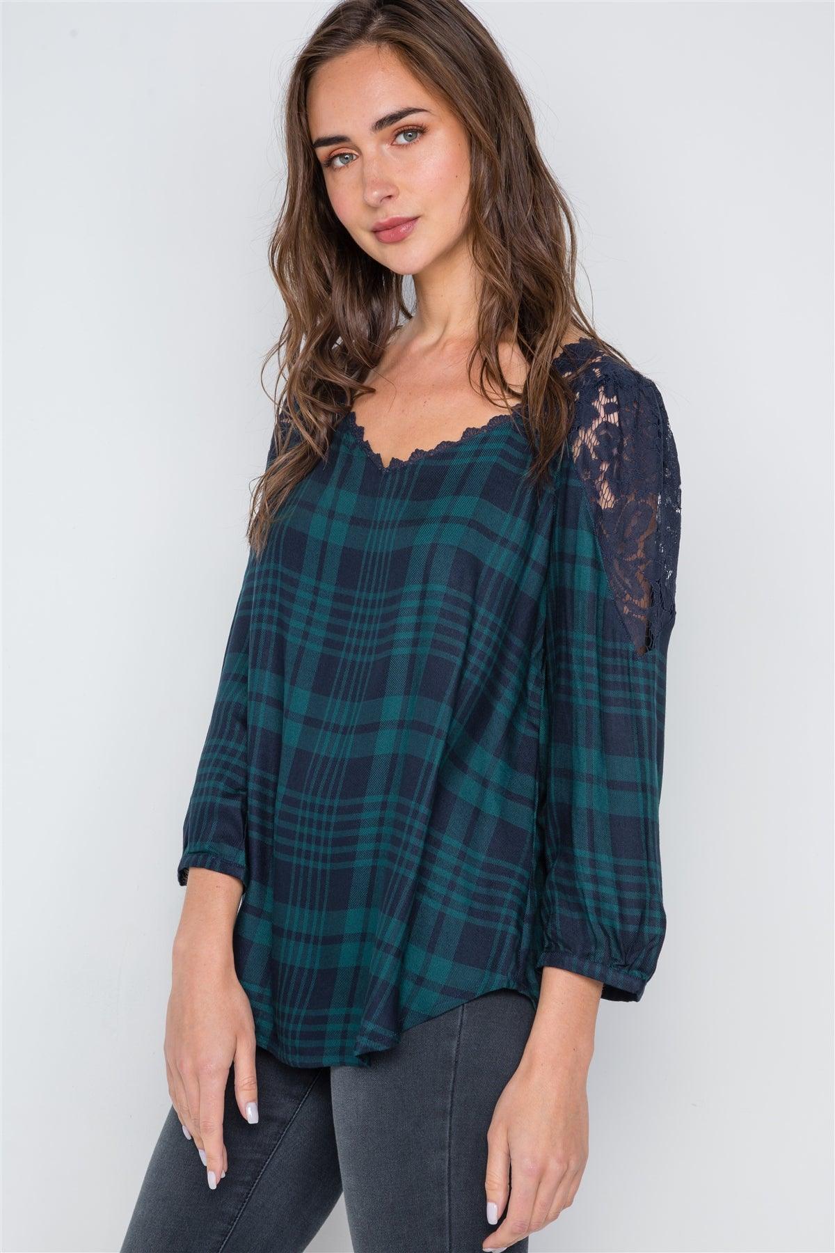 Multi Green Plaid Combo Lace 3/4 Sleeve Top