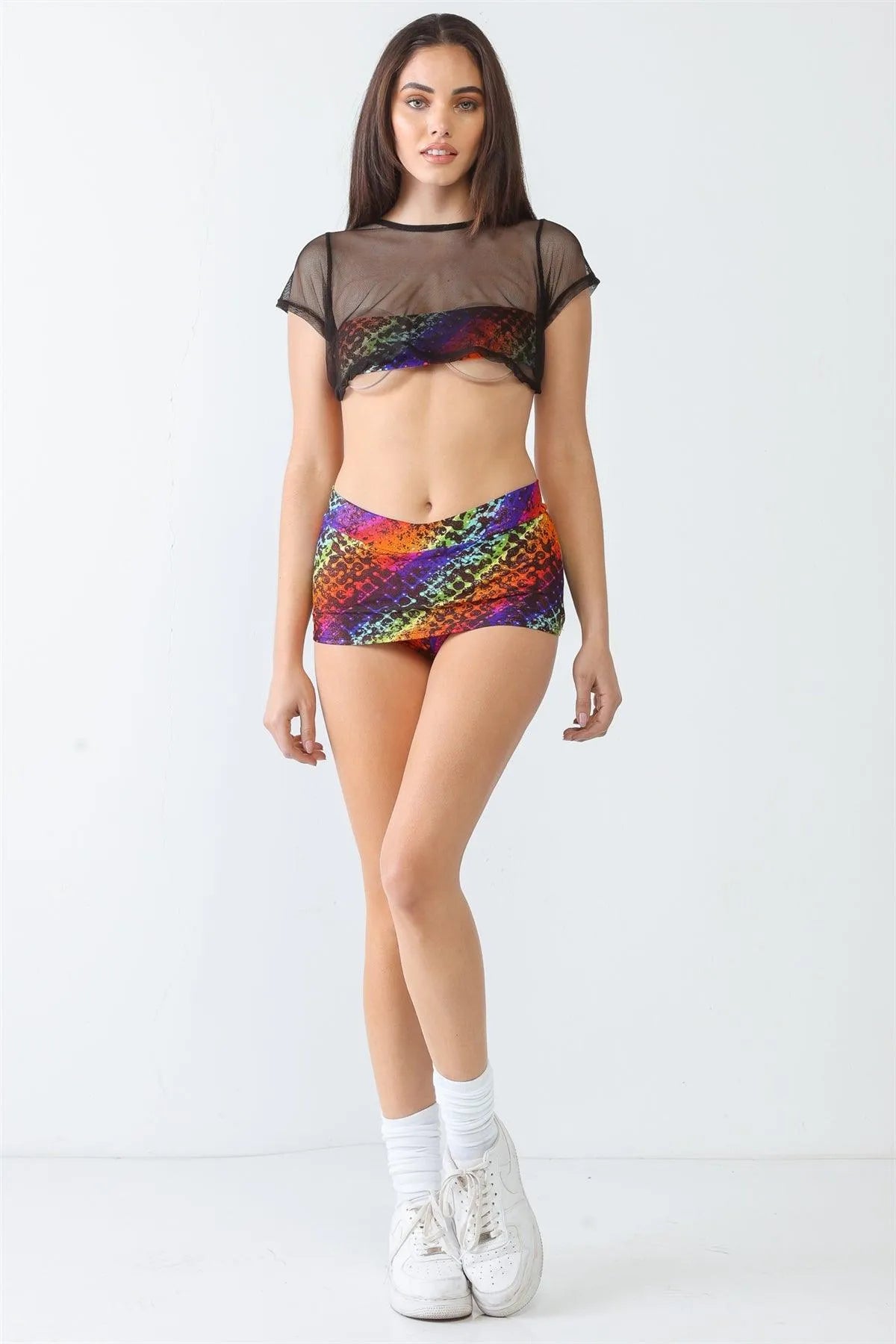 Multi Printed Shining Sheer Mesh Short Sleeve Crop Top & High Waist Skort Set - Tasha Apparel Wholesale