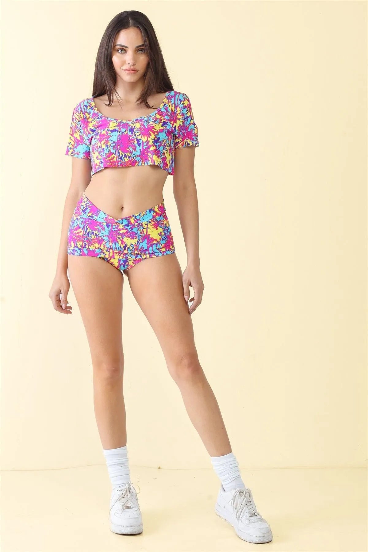 Multi Beach Print Cut-Out Short Sleeve Crop Top & High Waist Skort Set - Tasha Apparel Wholesale