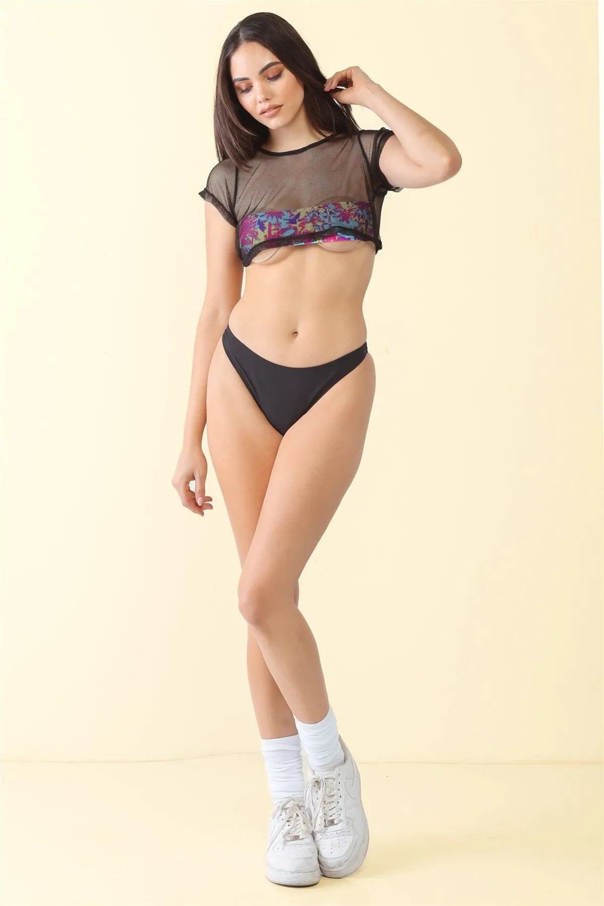 Black & Multi Beach Print Sheer Mesh Short Sleeve Crop Top - Tasha Apparel Wholesale