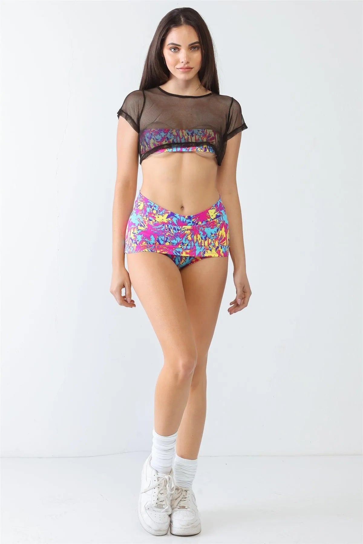 Black & Multi Beach Print Sheer Mesh Short Sleeve Crop Top & High Waist Skort Set - Tasha Apparel Wholesale