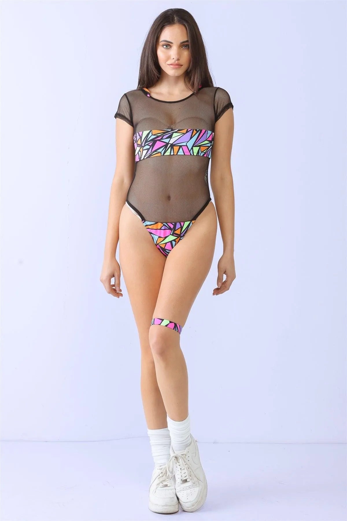 Black & Geo Print Sheer Mesh Hooded Neck Detail Short Sleeve Swimsuit - Tasha Apparel Wholesale