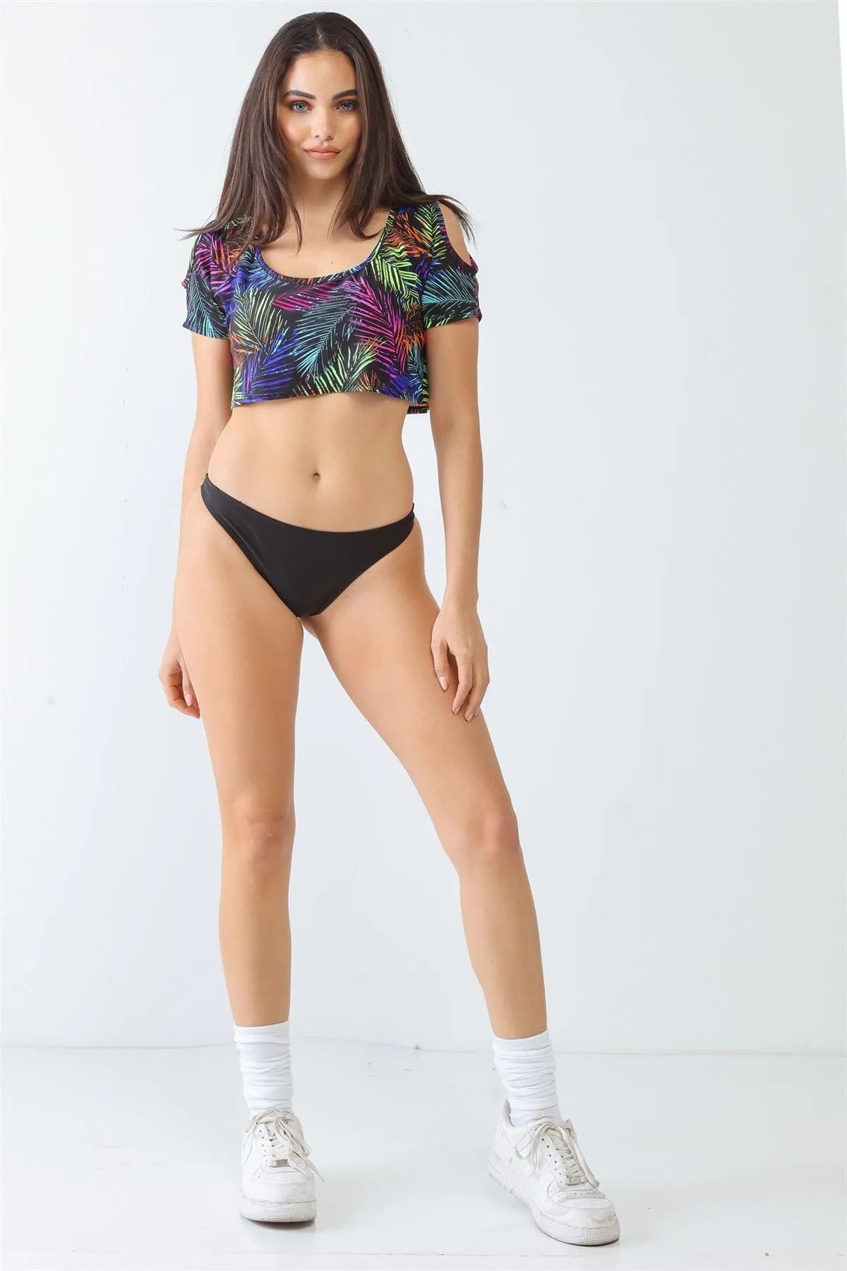 Multi Palm Leaves Print Elasticized Cut-Out Short Sleeve Crop Top - Tasha Apparel Wholesale