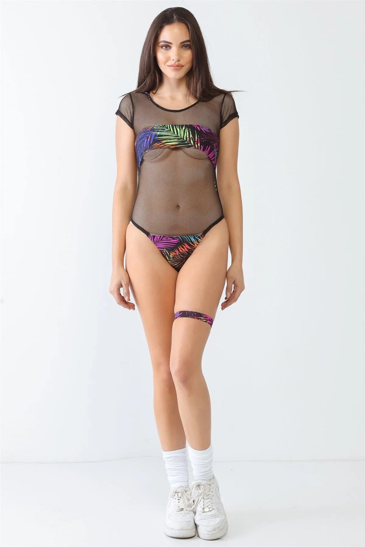 Black & Palm Leaves Print Sheer Mesh Hooded Short Sleeve Swimsuit - Tasha Apparel Wholesale