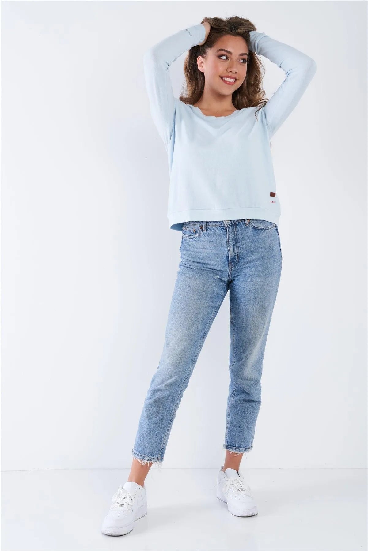 Baby Blue Long Sleeve Scoop Neck Lace Up Back Top - Tasha Apparel Wholesale