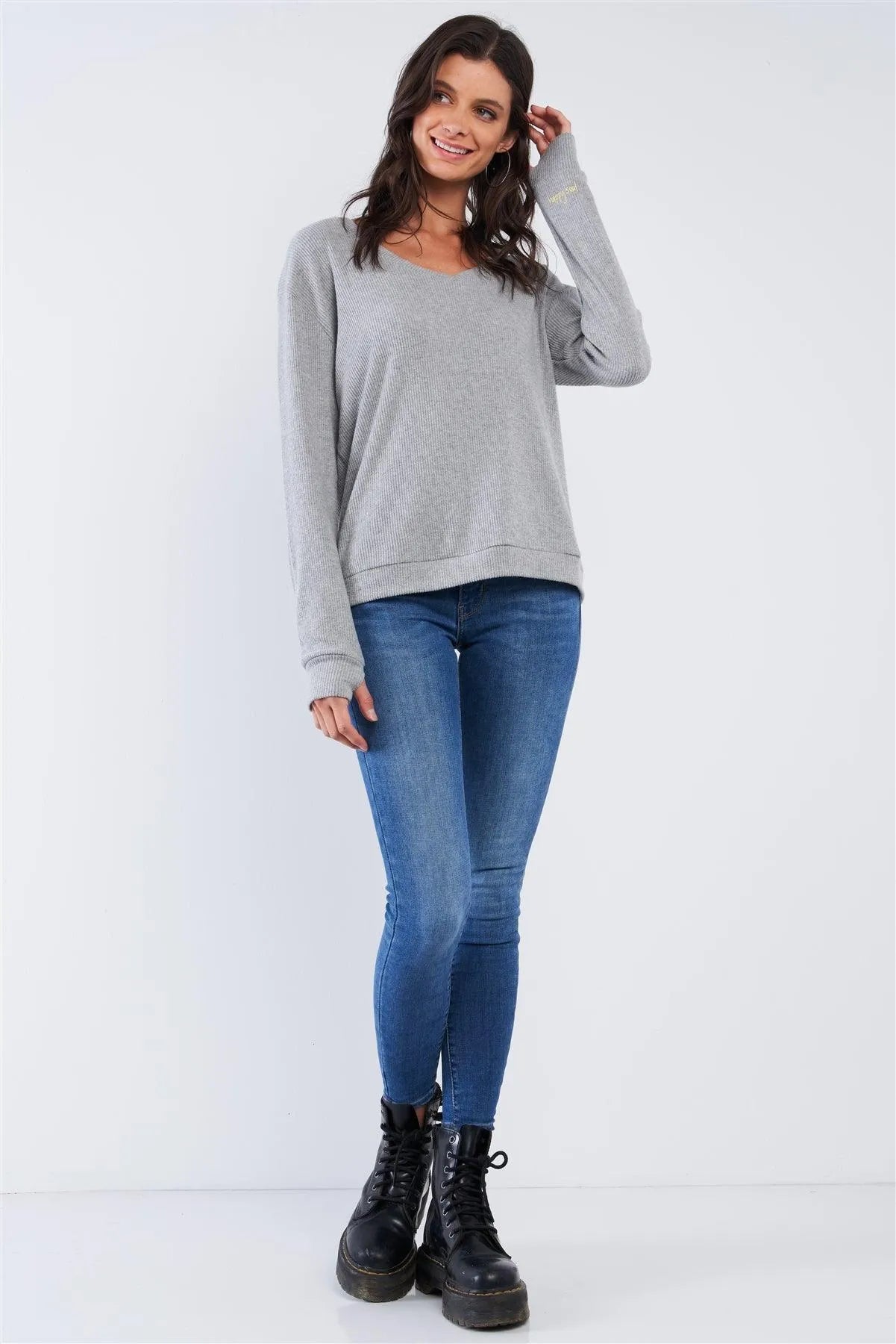 Heather Grey Long Sleeve V-Neck Ribbed Knit Lace Up Tie Back Detail Top /3-2 - Tasha Apparel Wholesale