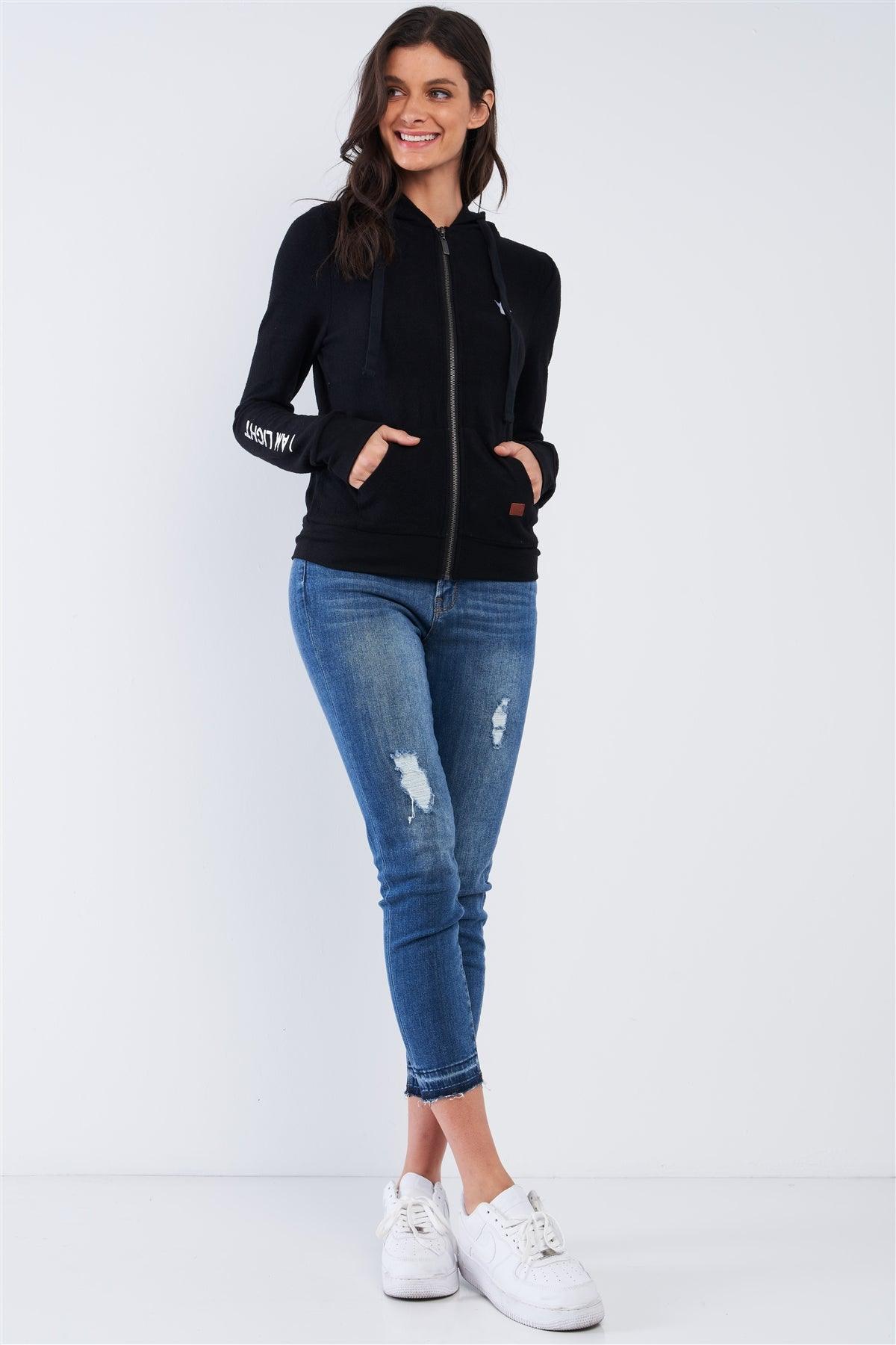 Black Star Embroidered "I Am Light" Graphic Zip Up Hoodie /1-2-2-1 - Tasha Apparel Wholesale