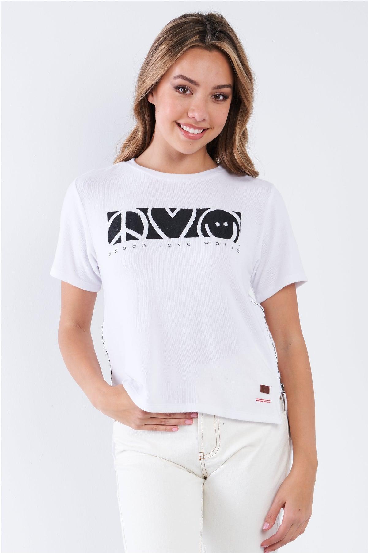 White Short Sleeve "Peace Love World" Graphic Crew Neck Side Zipper Top - Tasha Apparel Wholesale