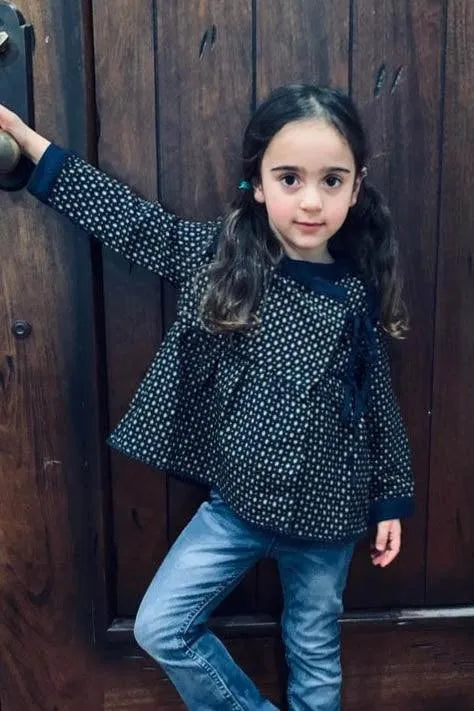 Little Toddler Girls Navy Printed Contrast Textured Trim Detail Side Tie Top - Tasha Apparel Wholesale