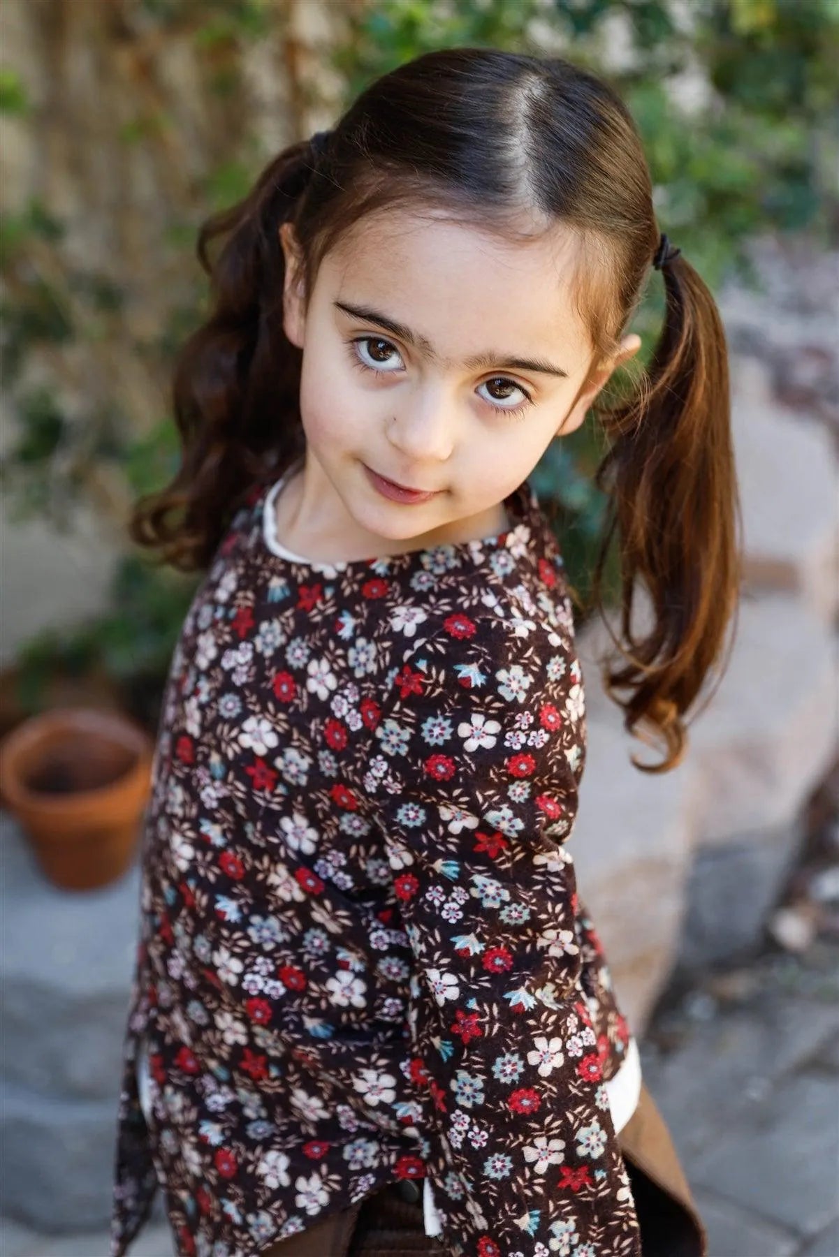 Little Girls Mocha Floral Print Front Slit Hem Detail Long Sleeve Top - Tasha Apparel Wholesale