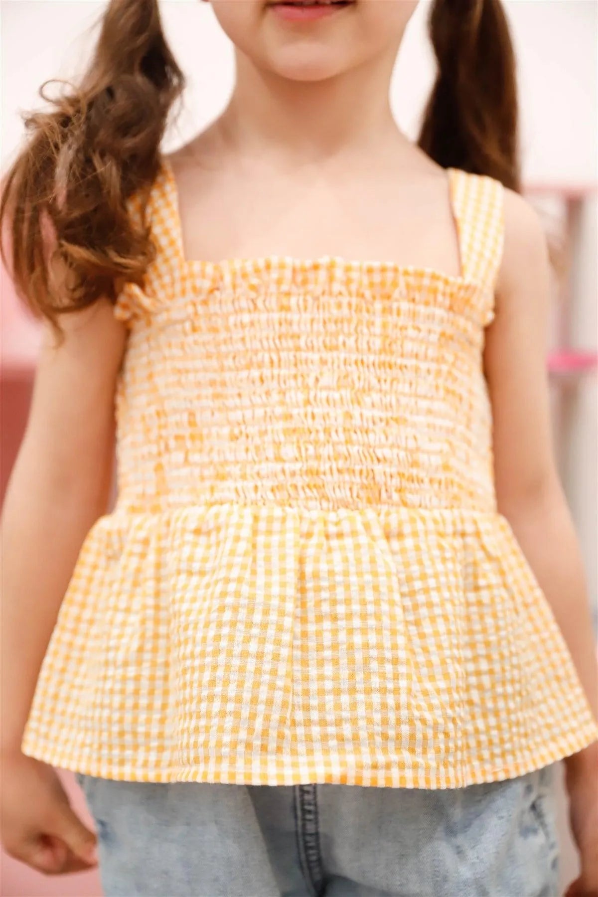 Toddler Girls Orange Plaid Smocked Flare Hem Sleeveless Top /1-1-2-1 - Tasha Apparel Wholesale