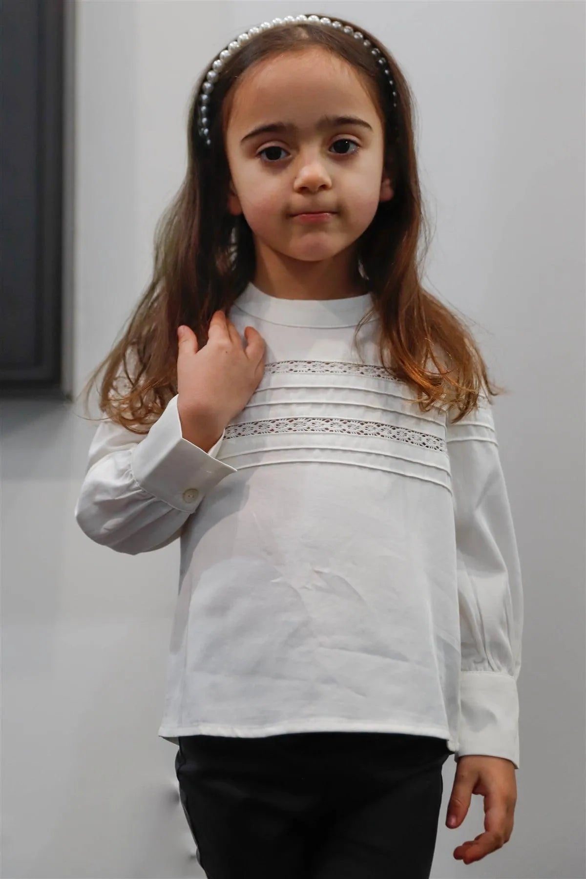 Toddler Girls White Embroidery & Stitch Detail Mock Neck Top /1-2-2-1 - Tasha Apparel Wholesale