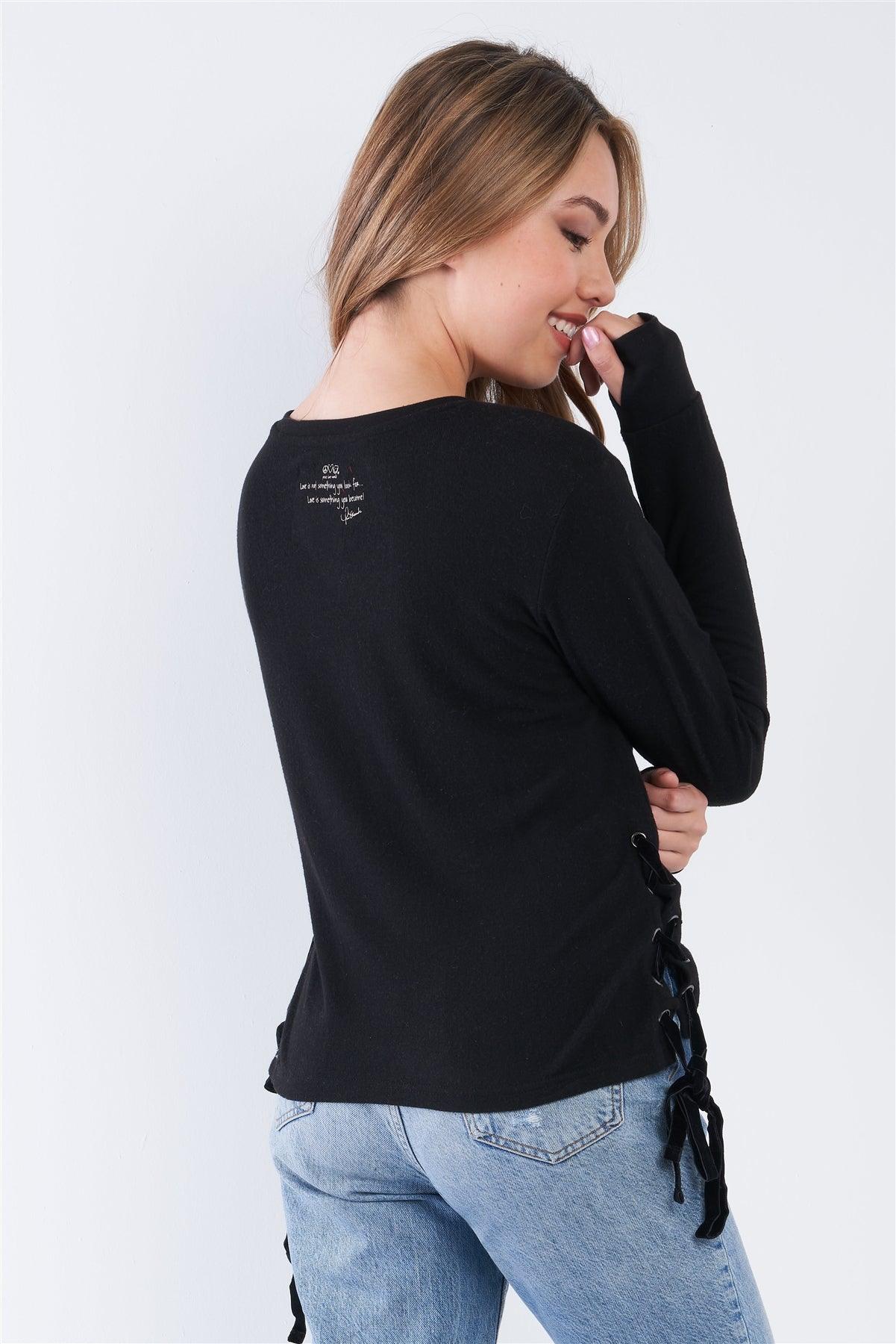 Black Long Sleeve "Crazy In Love" Graphic Crew Neck Side Lace Up Top